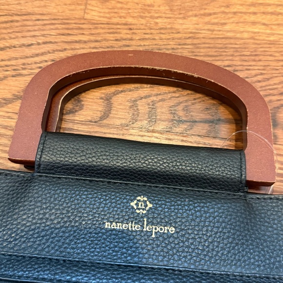 Nanette Lepore Black Pebbled Satchel with Wooden Handles - Picture 2 of 8